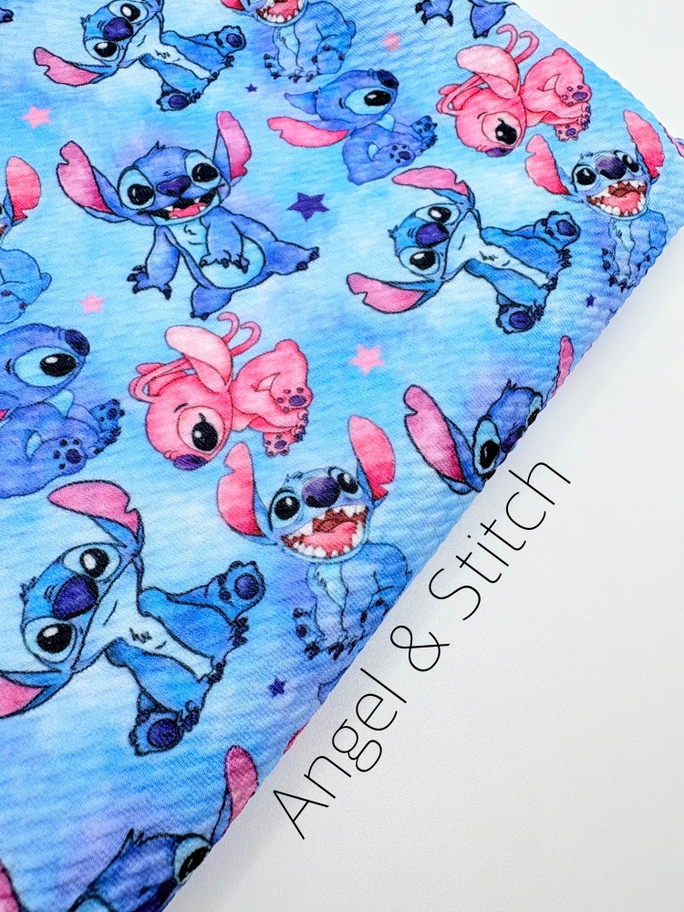 Stitch and angel blue Printed Bullet Fabric