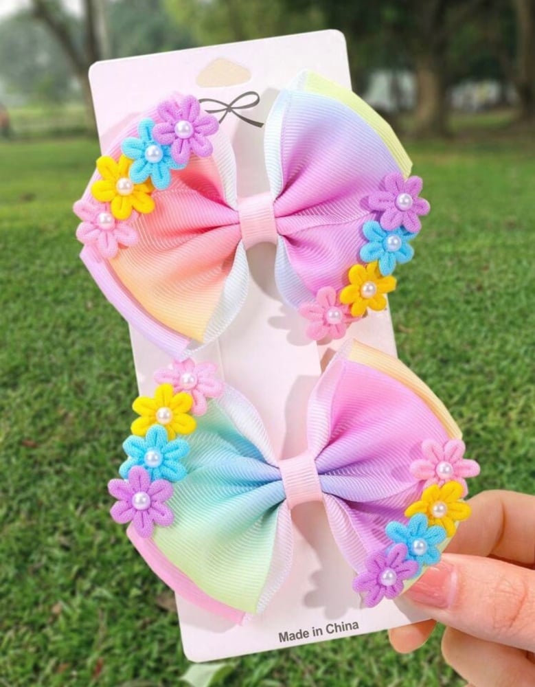 Pastel rainbow Daisy embellishment ribbon Hair Bow