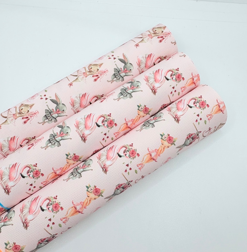 1248 - Mixed animals baby pink ballet ballerina dancers printed canvas fabric