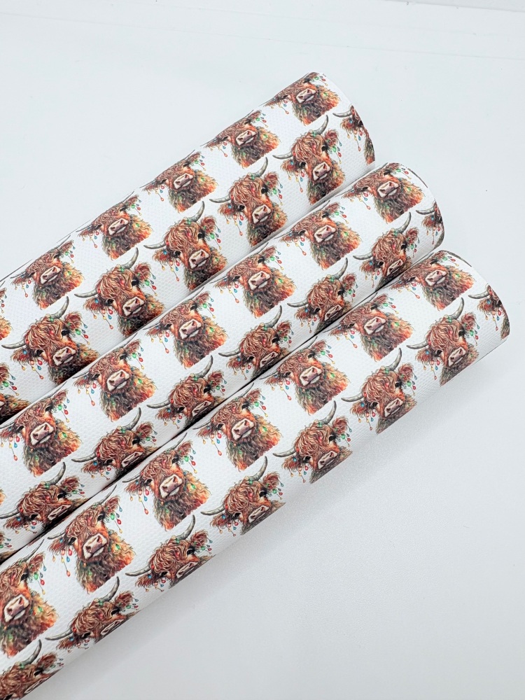 1744  - Highland cow christmas printed canvas fabric sheet