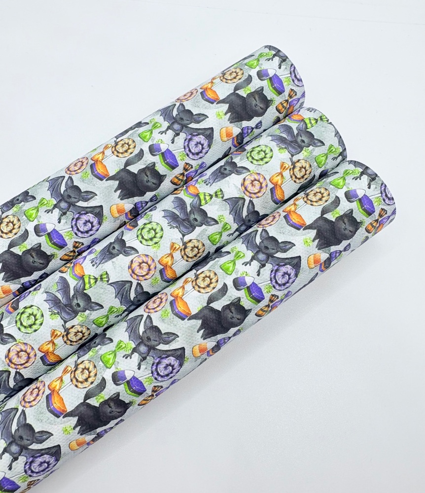 1576 - Halloween Candy Bat and Cat printed canvas fabric sheet
