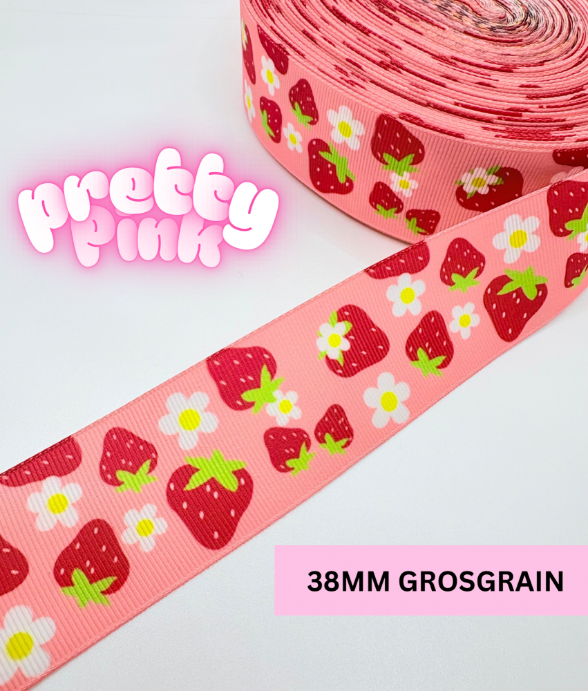 38mm Pretty Pink Strawberries grosgrain ribbon