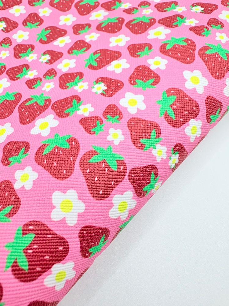 Bright PInk Strawberries Printed Leatherette Fabric