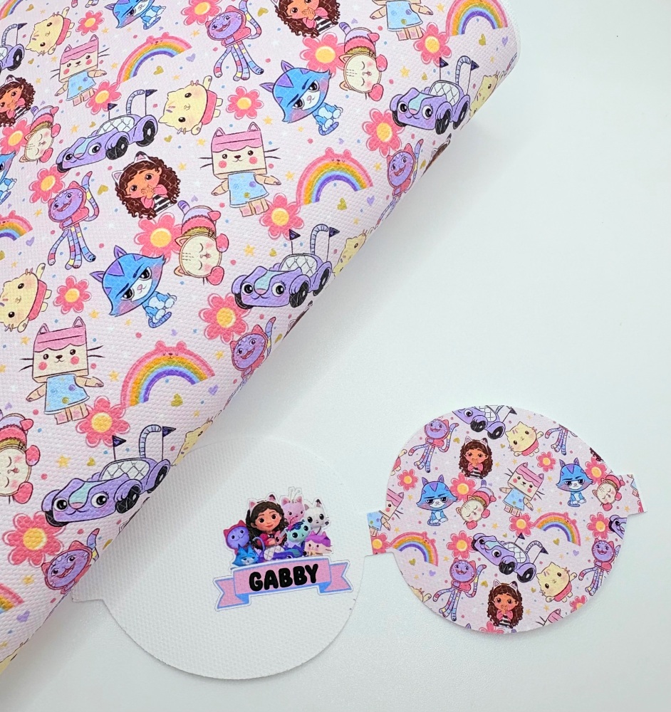Personalised pink Gabbys pastel rainbow printed pre cut bow loop