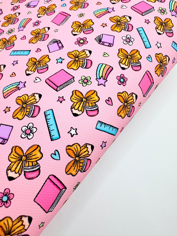 1501 - Pretty Pink school coquette pencil bow printed canvas fabric