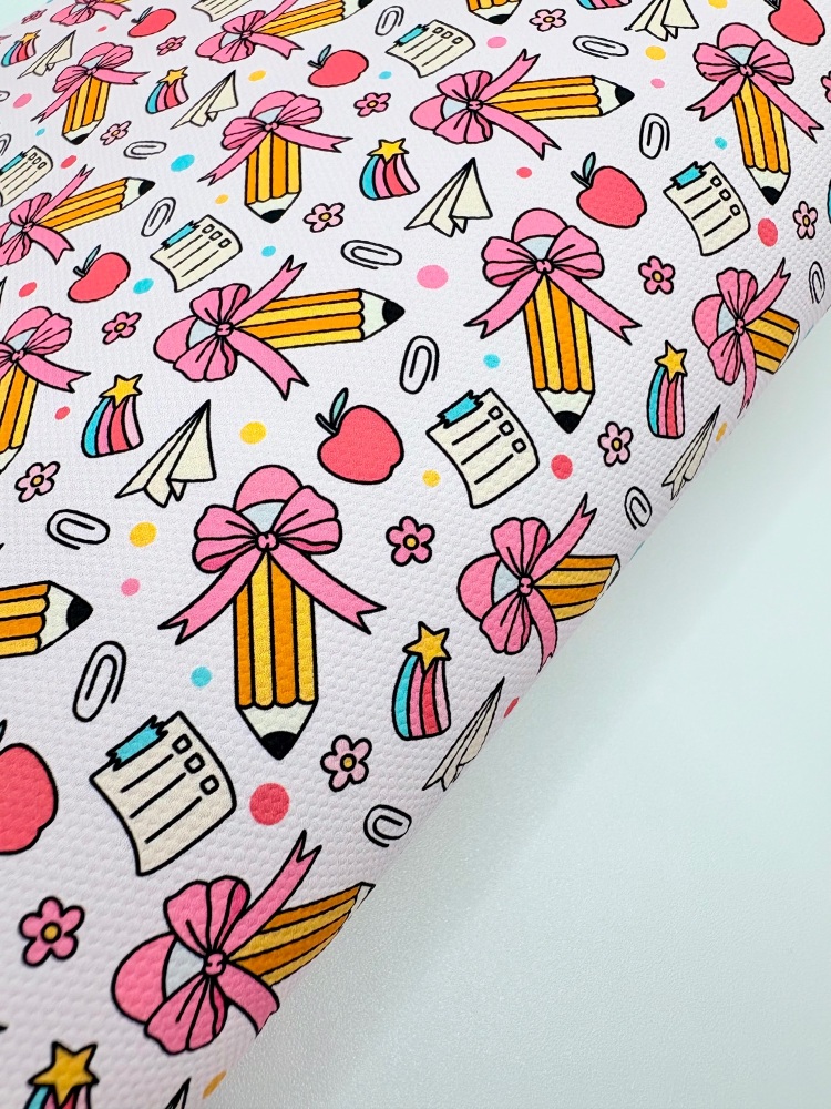 1501 - Pale pink school pencil collage paper aeroplane printed canvas fabric