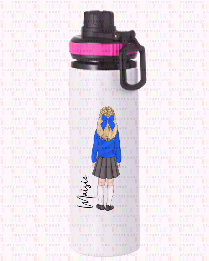 Pink - Backward standing Girls School Girl Personalised Water Bottle