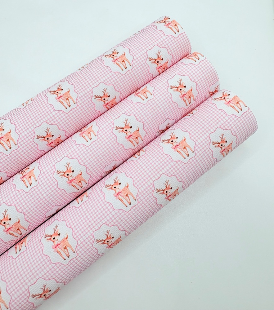 1623 - Pink vintage christmas reindeer printed canvas fabric sheet