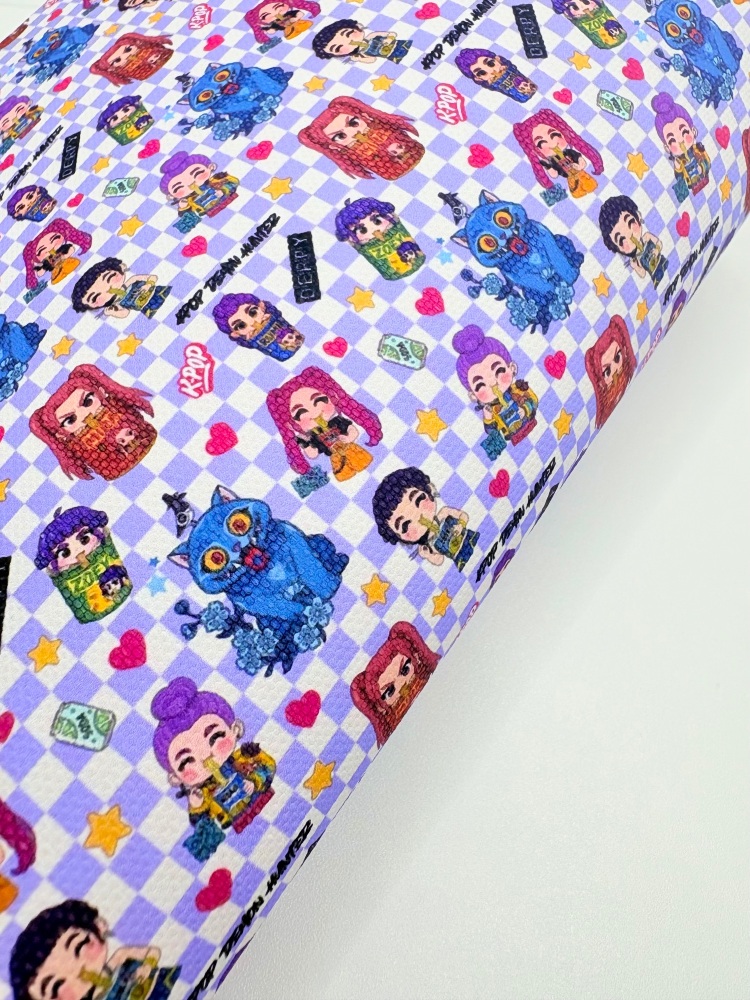 1759  - Lilac checkerboard k pop demon hunters print printed canvas fabric sheet
