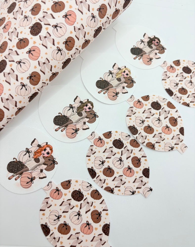 Beige autumn pumpkin outfit dolly halloween printed pre cut bow loop