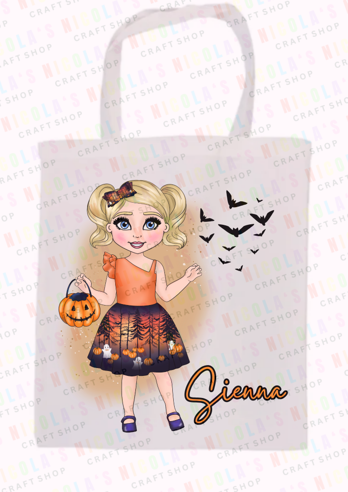 Pumpkin dress girl trick or treat halloween tote bag candy trick or treat