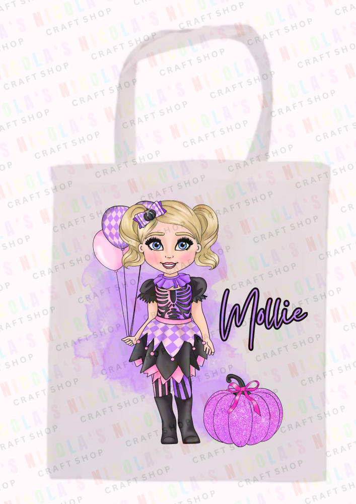 Girls lilac Skeleton halloween tote bag candy trick or treat