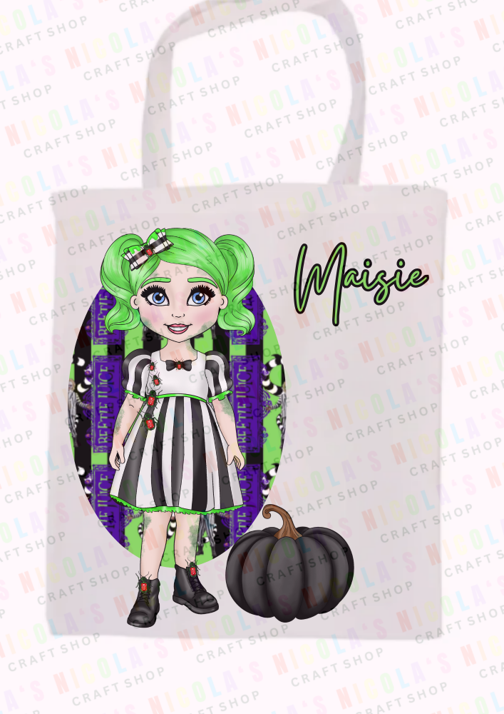 Girls Beetlejuice inspired halloween tote bag candy trick or treat
