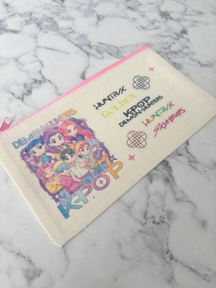 Pink ZIPPER K pop design Personalised School Canvas Pencil Case / Makeup pouch