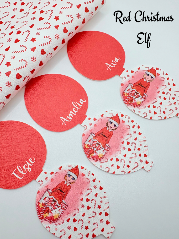 Red Christmas sitting elf present girl christmas pre cut printed bow loop