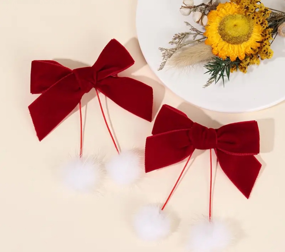 Velvet Red Bow with pom Poms Stall Filler with clip