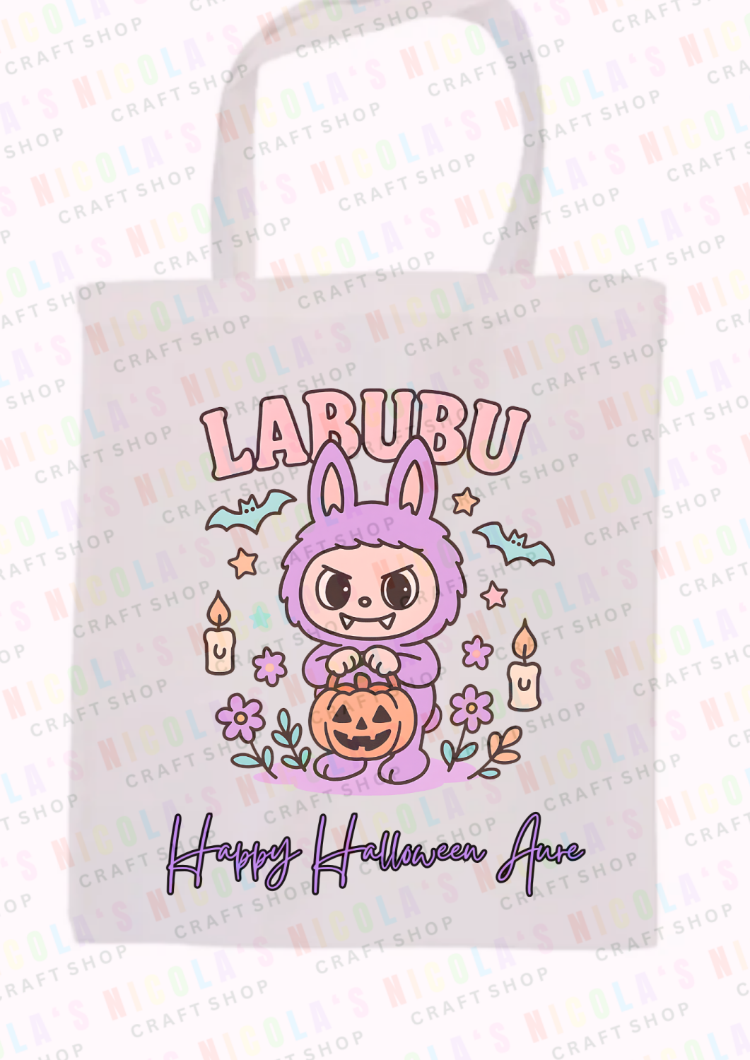 PRETTY PINK SPOOKY LABUBU - Trick or treat Halloween tote bag candy trick o