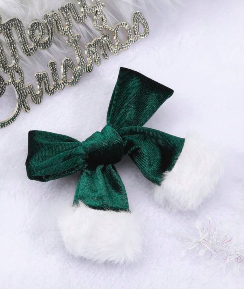 GREEN - 4.5" Luxury Velvet Santa Bow with fur Stall Filler with clip