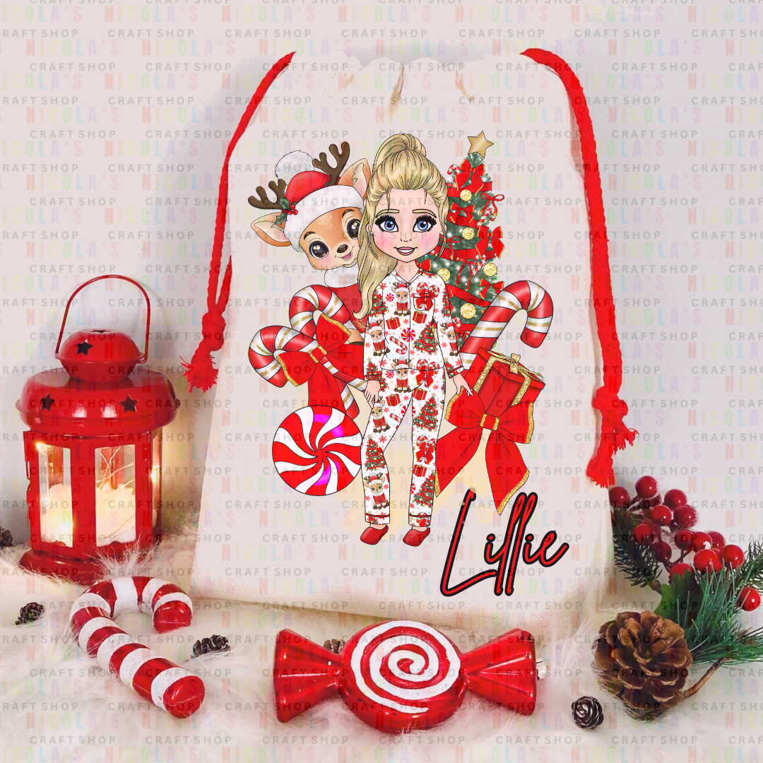 Red reindeer pyjamas girl Christmas Red drawstring Sacks personalised