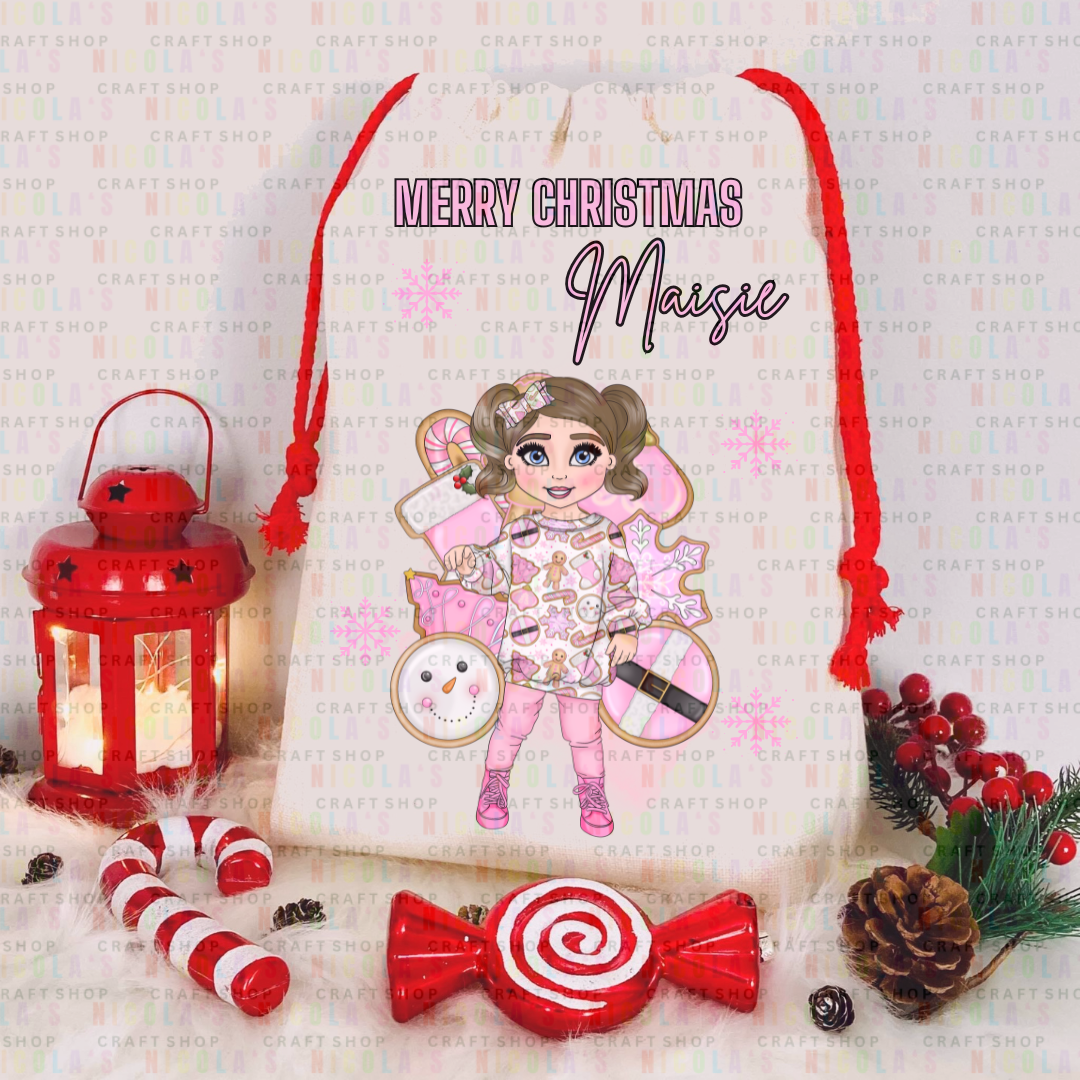 Gingerbread cookies girl - Christmas Red drawstring Sacks personalised