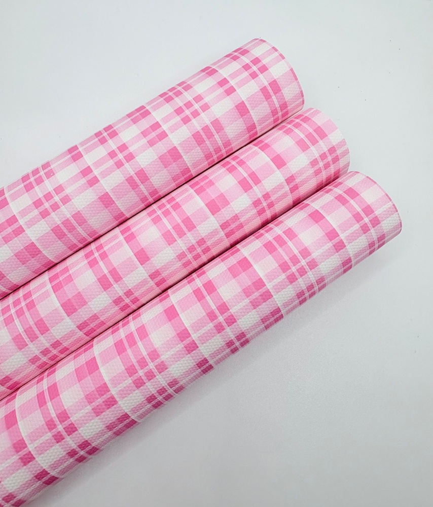 1570 - Pink bright plaid tartan printed canvas fabric sheet