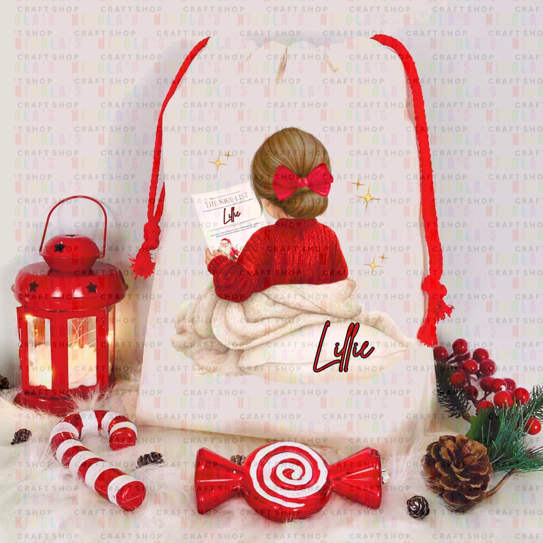 Girl nice list - Christmas Red drawstring Sacks personalised