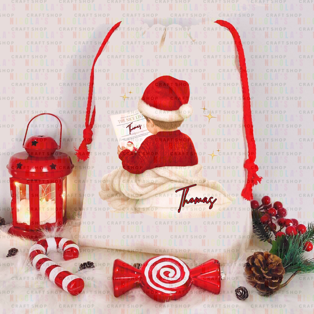 Boy nice list - Christmas Red drawstring Sacks personalised