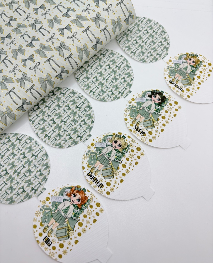 Christmas sage green girl pre cut printed bow loop