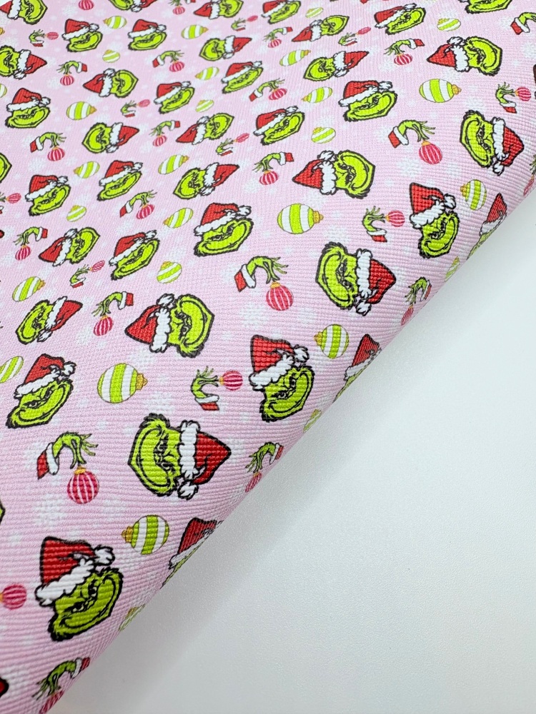Pink grinch Inspired smooth printed leatherette fabric