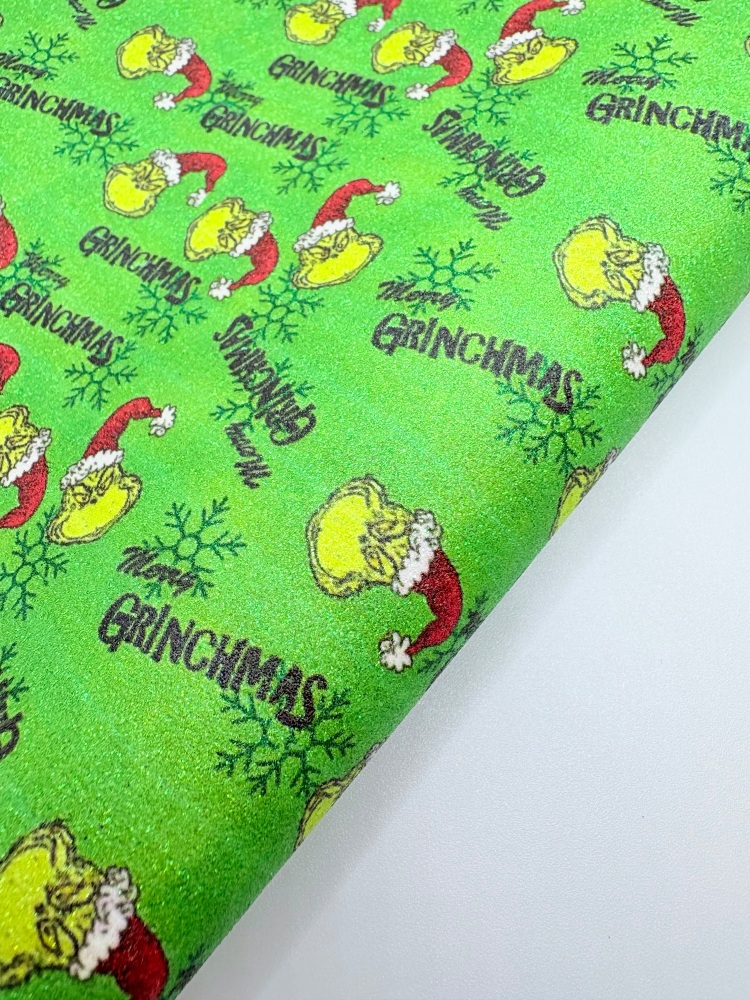 Grinchmas green inspired grinch printed fine glitter fabric