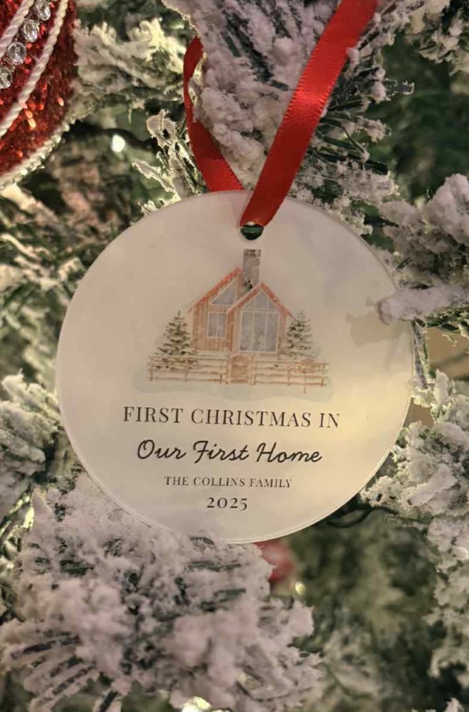 Frosted new home Red Satin Ribbon Personalised Christmas Hanging Decoration