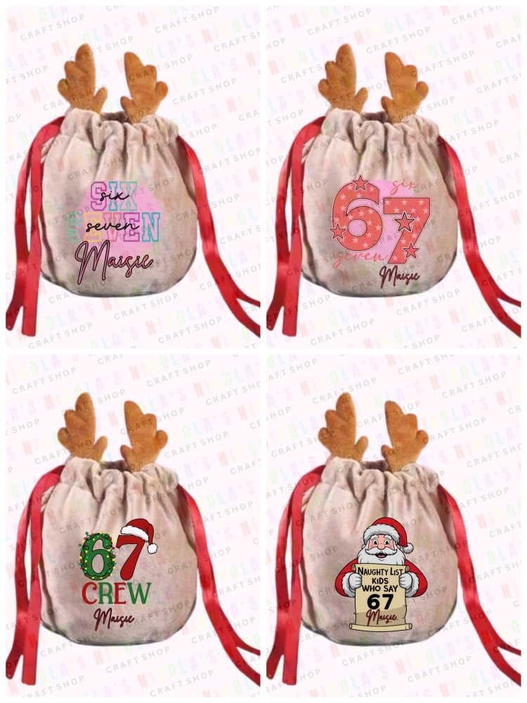 67 SIX SEVEN RANGE - Personalised Christmas Antler Drawstring Treat Bags