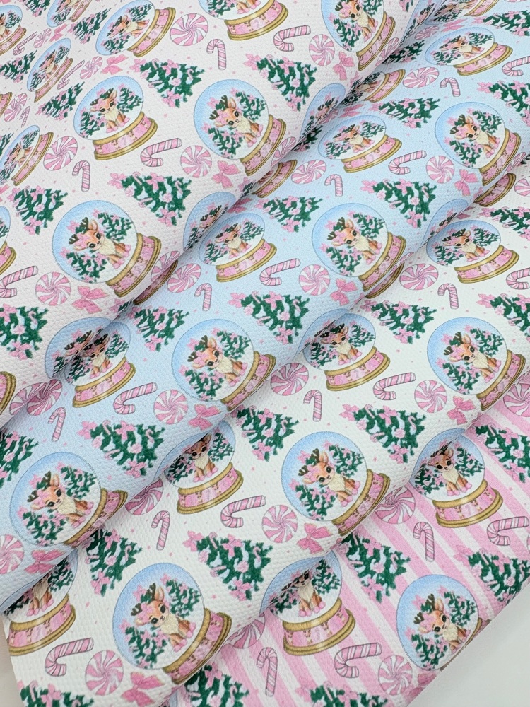 1759  - Christmas pink vixen reindeer snow globe print printed canvas fabric sheet