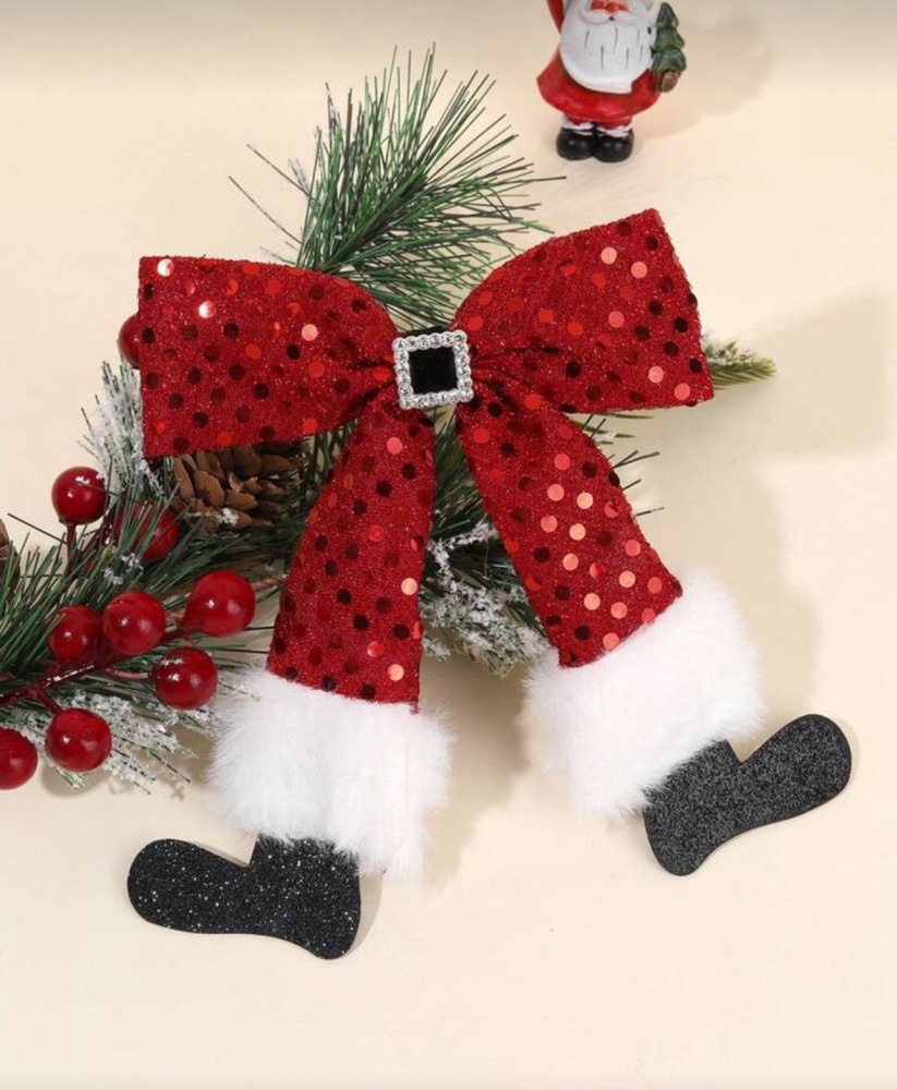 Sequin 4.5" Santa Feet Bow with fur Stall Filler with clip