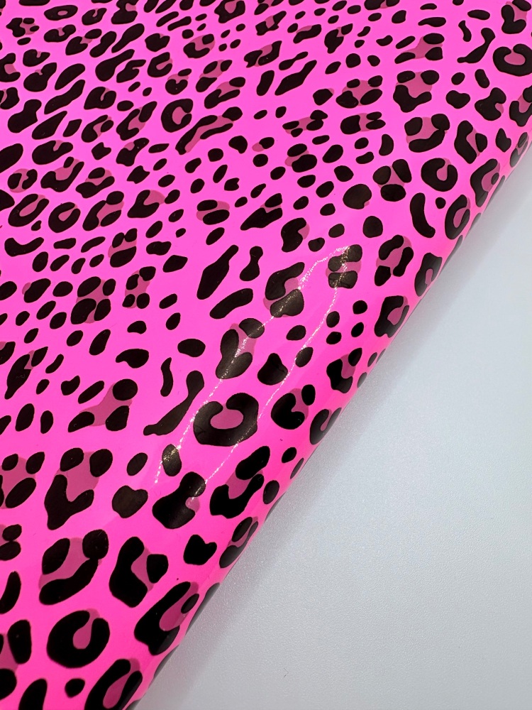 Patent gloss bright neon pink leopard Print LEATHER FABRIC