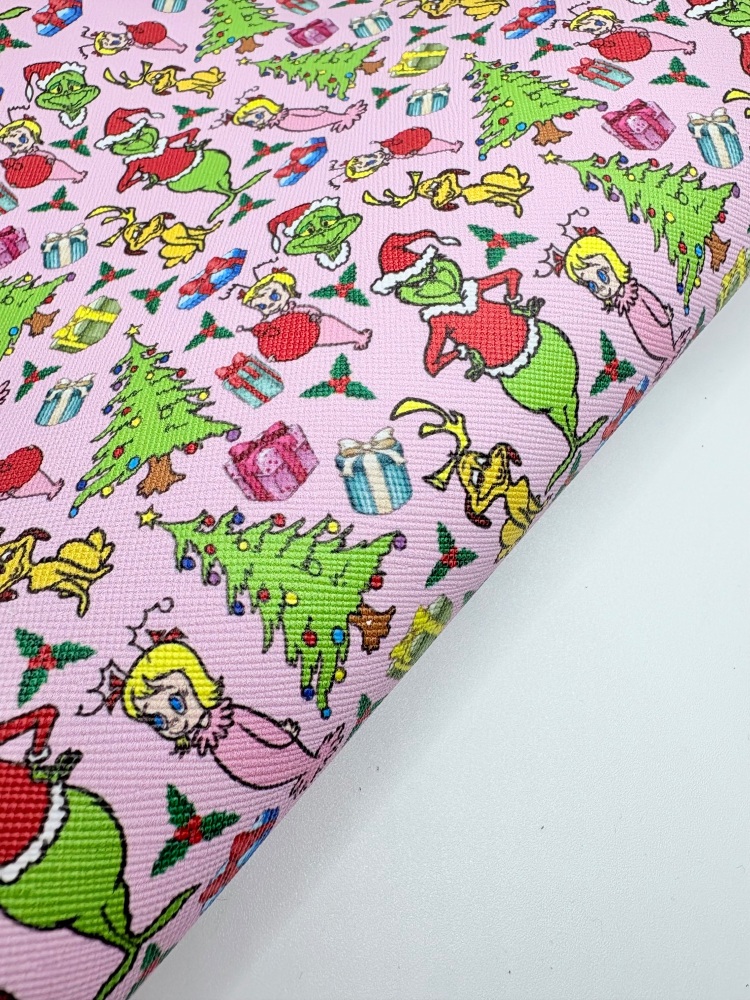 GRINCHY COLLAGE - Pink grinch Inspired smooth printed leatherette fabric