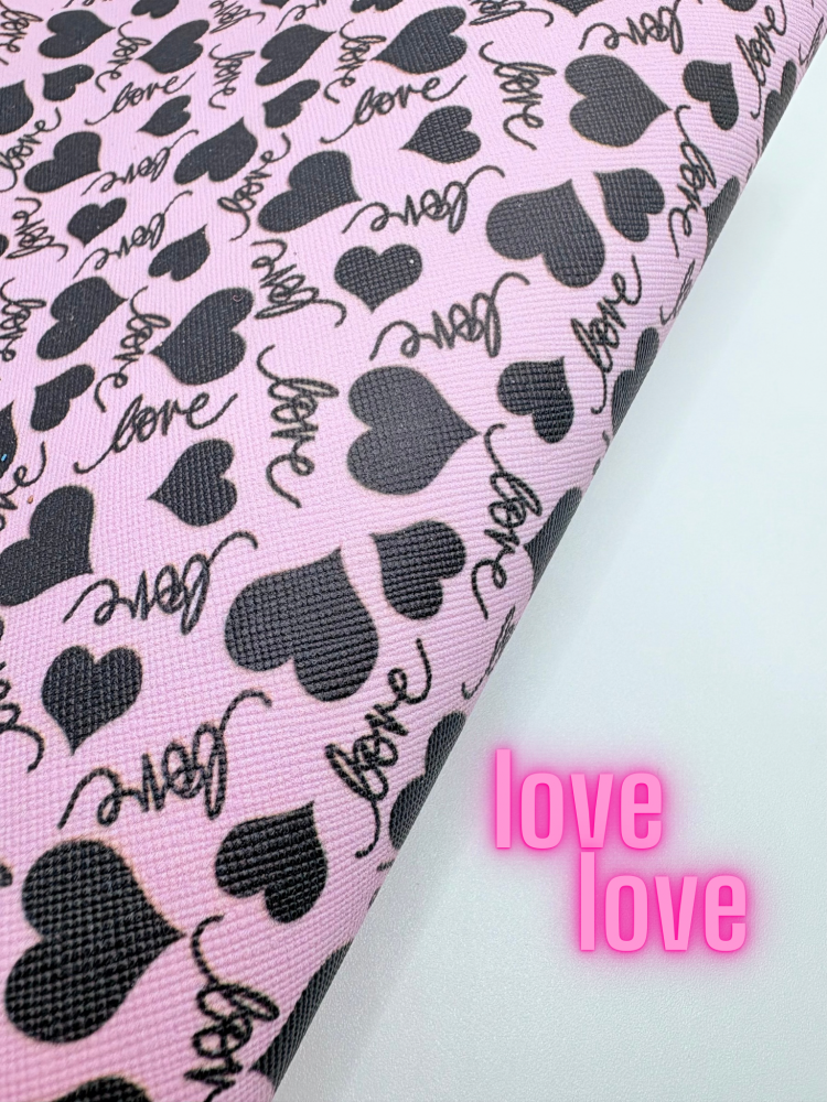 Love, Love valentine black  pink printed leatherette fabric