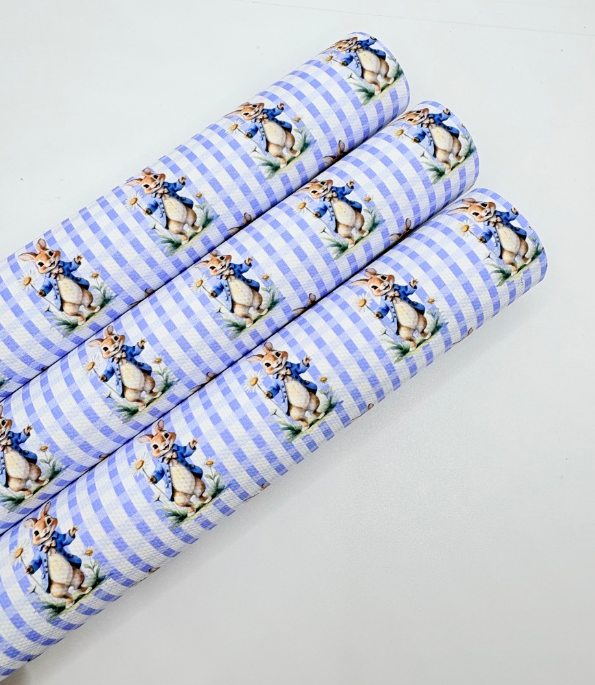 1747  -  Blue gingham peter easter bunny rabbit printed canvas fabric sheet