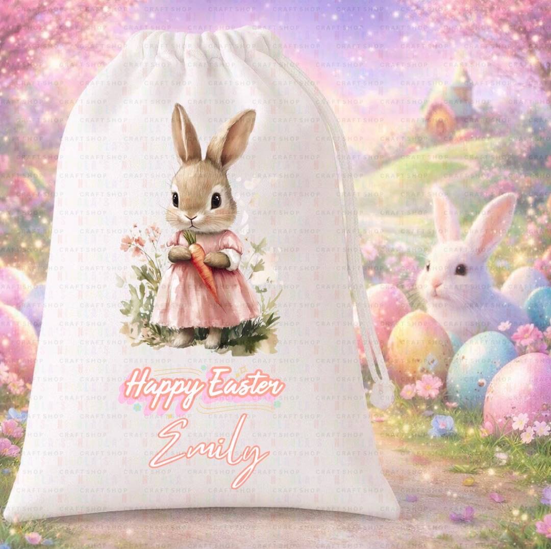INTRODUCTORY OFFER - White drawstring Pink easter personalised bag