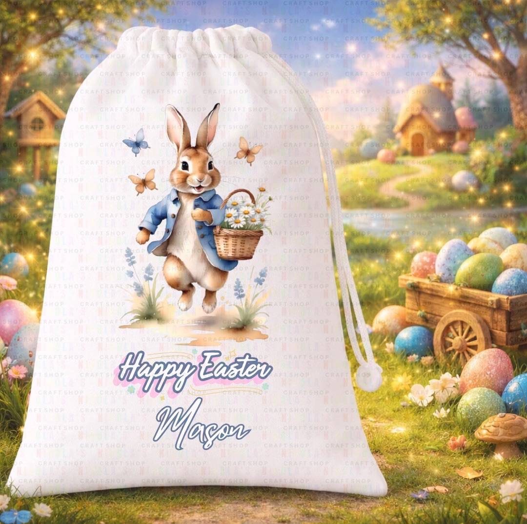 INTRODUCTORY OFFER - White drawstring Blue peter easter personalised bag