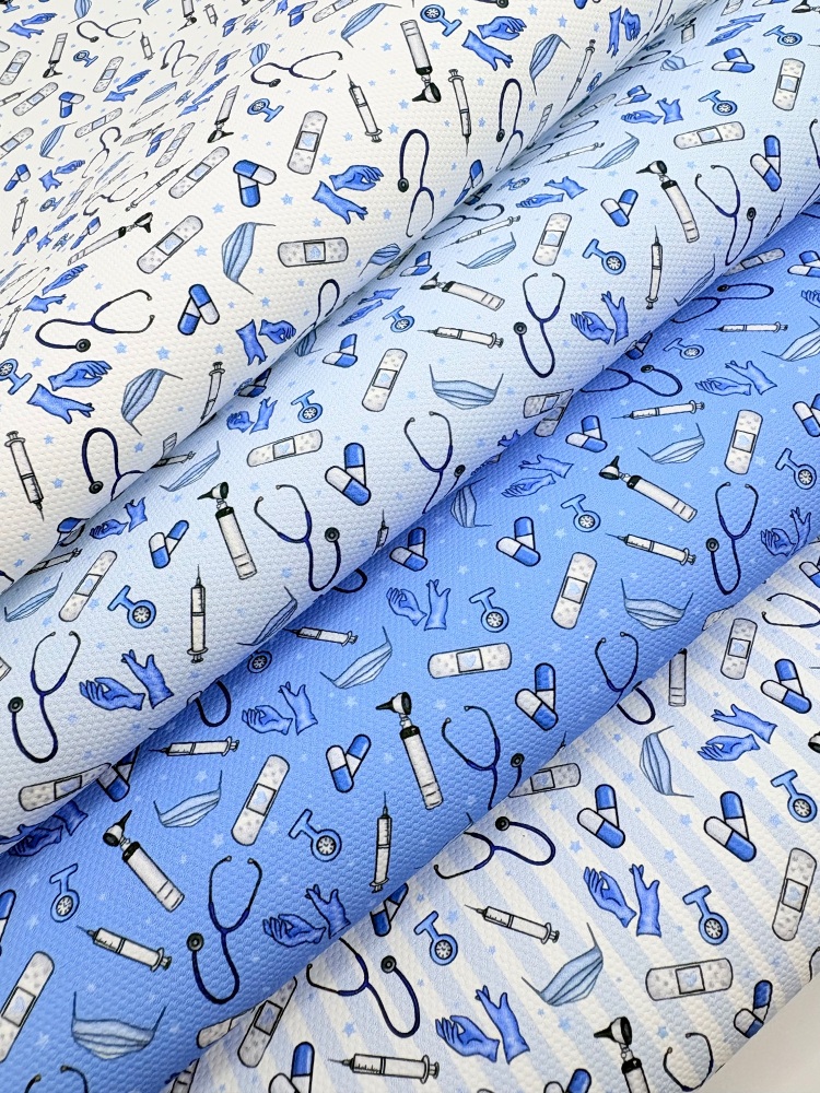 1759  - Blue nurses bits and bobs printed canvas fabric sheet