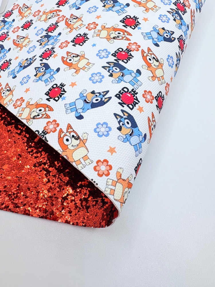 Double Sided Red Bluey red nose day canvas backed with chunky glitter