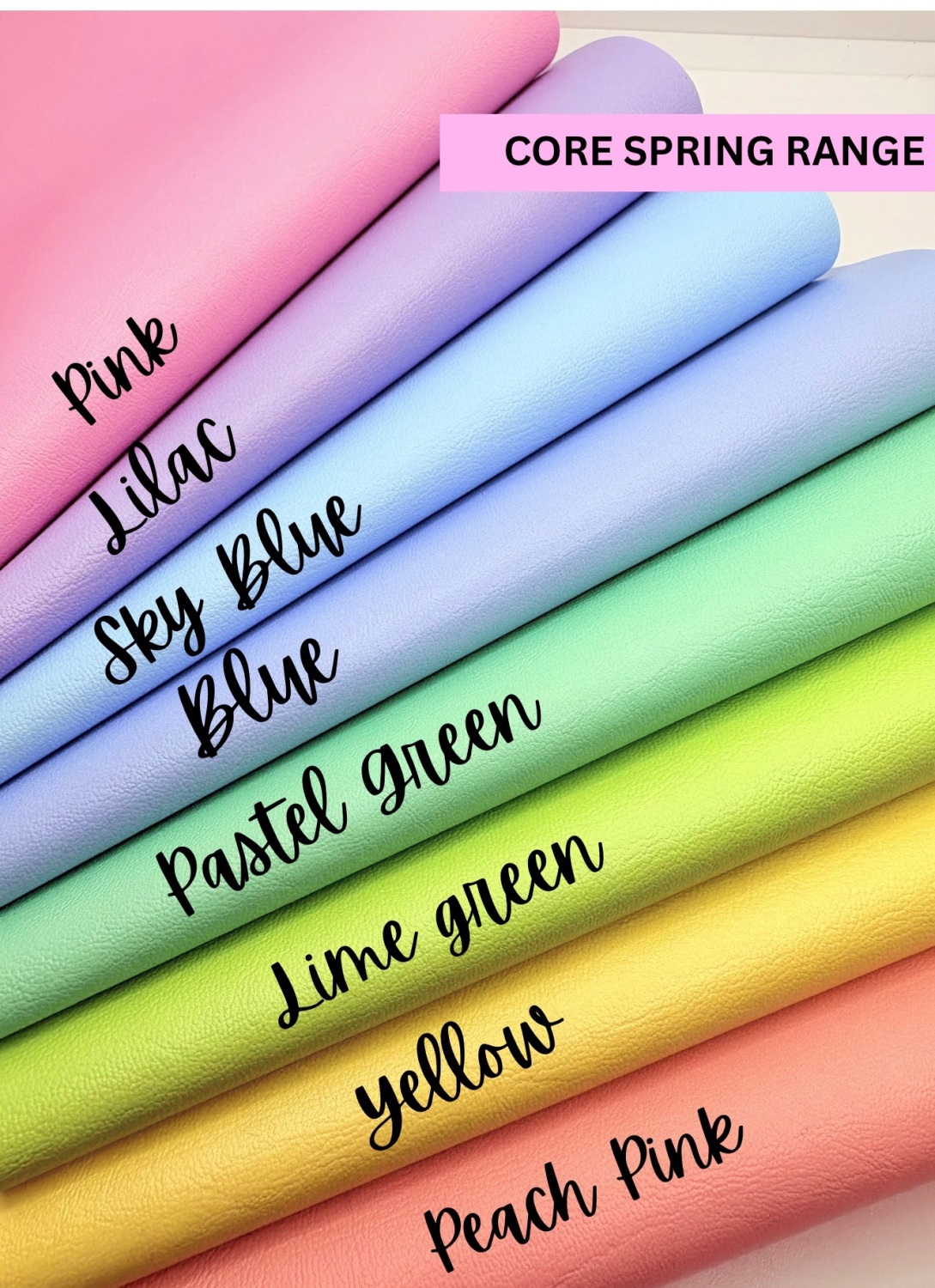Spring pastel range Printed in house Smooth leatherette fabric