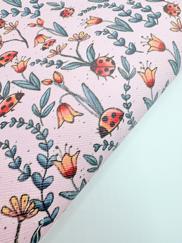 Spring pink ladybird printed leatherette fabric
