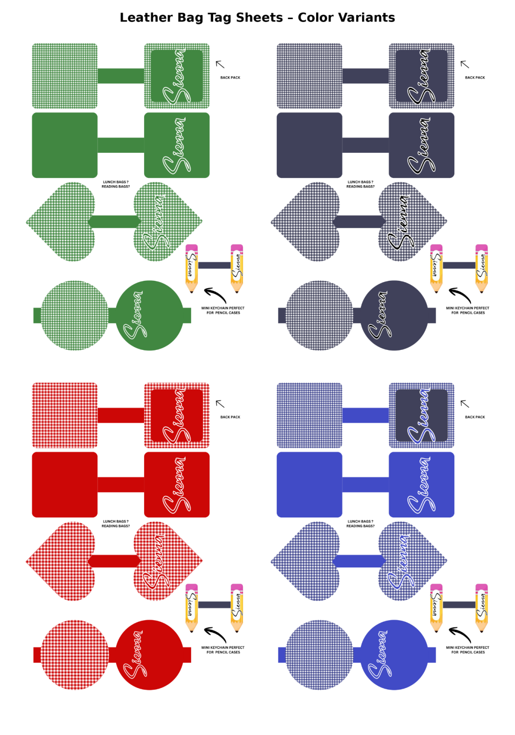 School Bag tags gingham Pinch Cut n glue printed leather sheet