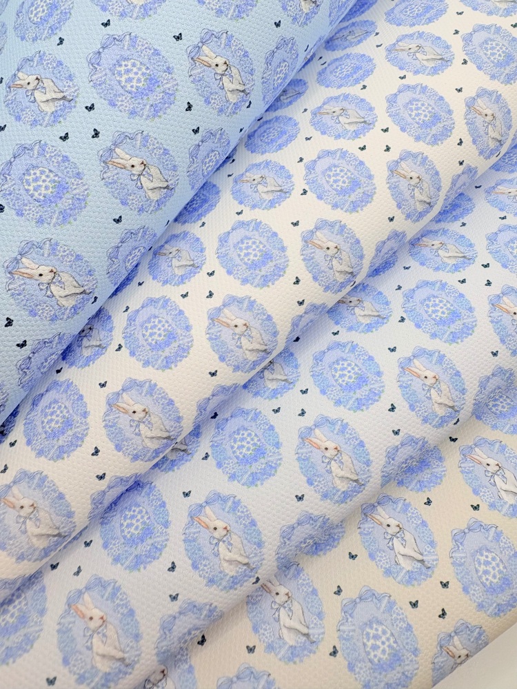 1800 - Blue easter bunny rabbit wreath printed canvas fabric sheet