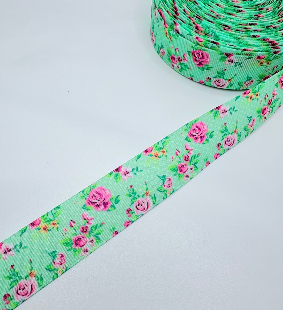 25mm Spring green floral flowers grosgrain ribbon