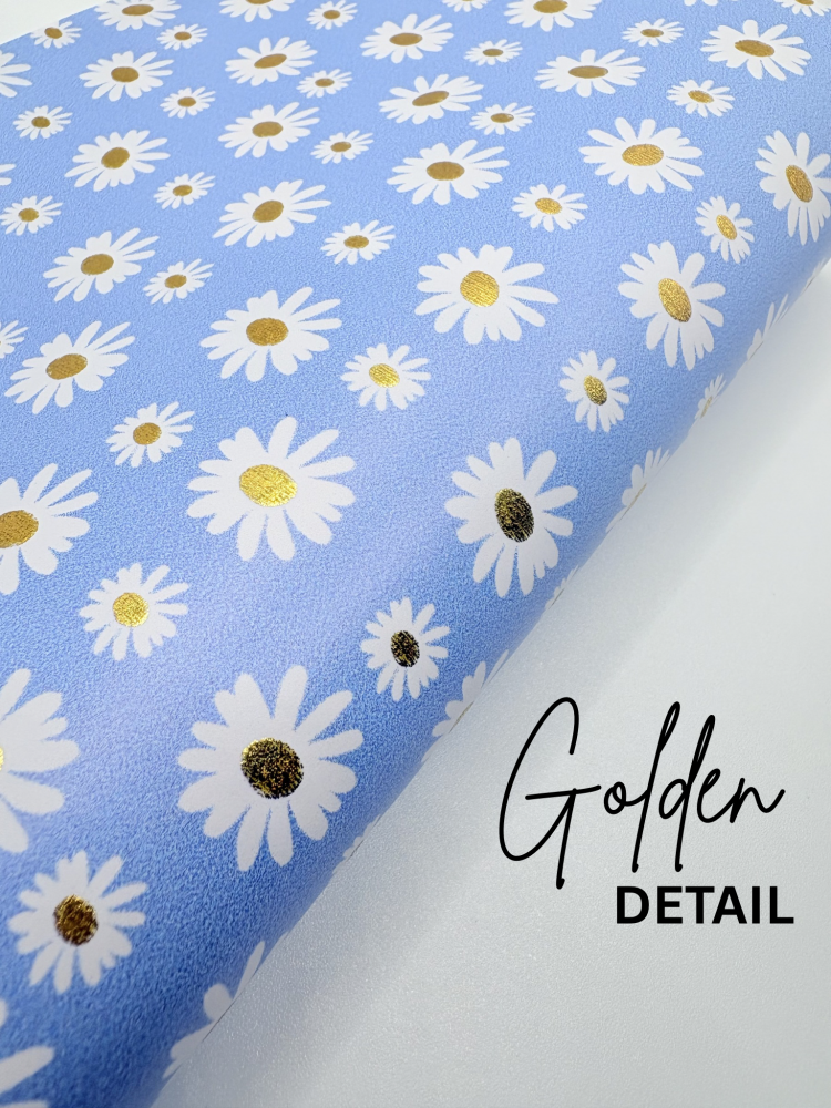 GOLD FOIL - Blue Daisy printed leatherette fabric