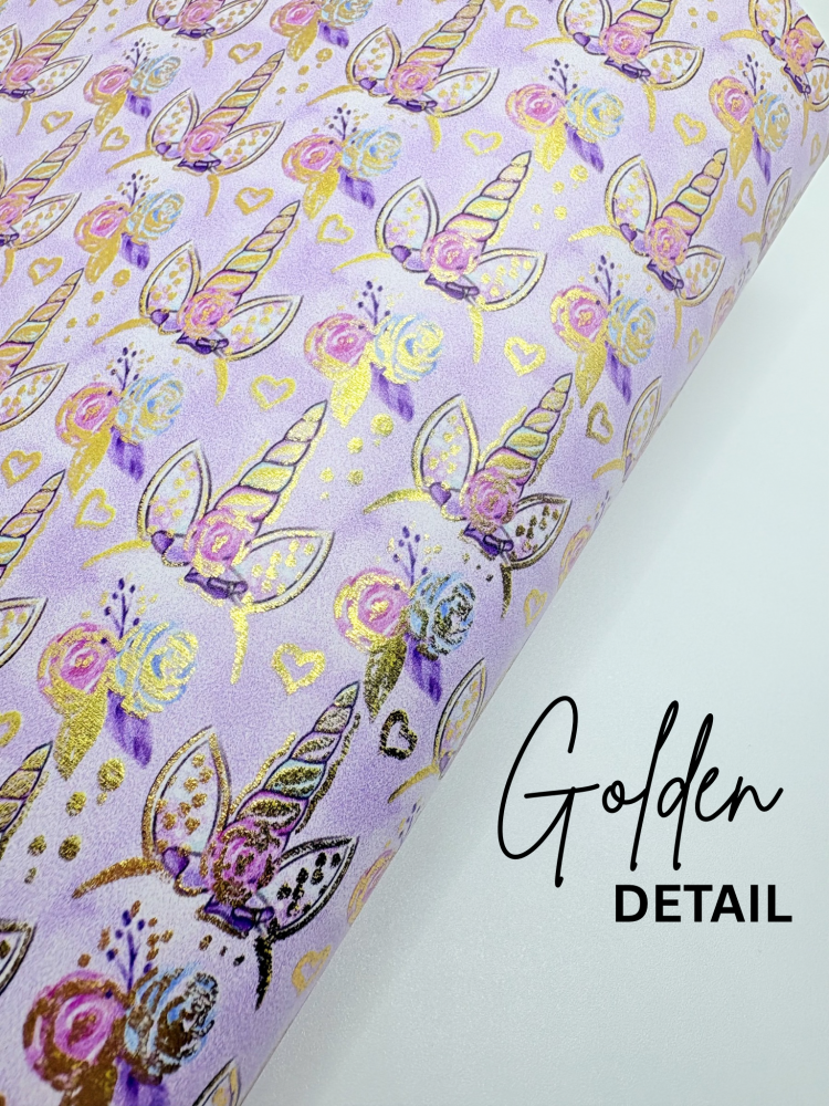 GOLD FOIL - Lilac Unicorn Band printed leatherette fabric