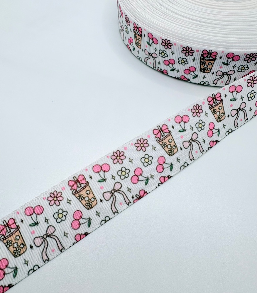 1" 25MM Spring Cherry watercolour grosgrain ribbon